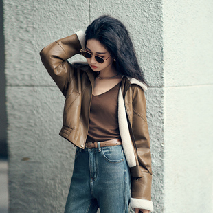 柒量一裁百小个子棕色皮衣内里加绒翻领皮衣女款 外套女3468 新款