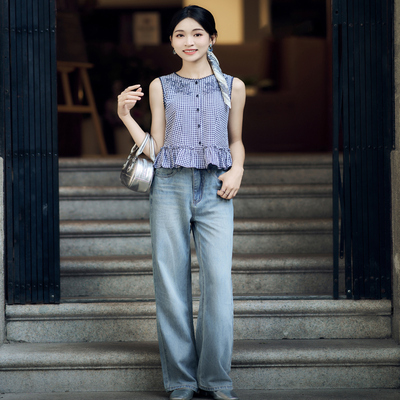 柒量一裁小个子夏季格纹无袖上衣女复古刺绣设计清新搭0848活动