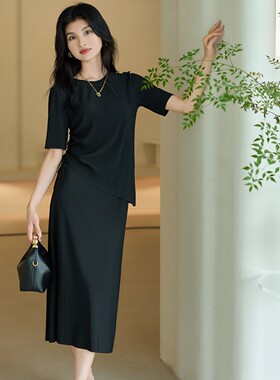 柒量一裁小个子黑蓝色短袖t恤半裙短裤套装休闲显瘦女春夏季0459