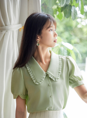 柒量一裁小个子夏季绿色娃娃领法式泡泡短袖雪纺衬衫上衣女0762