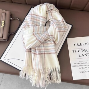 米白色围巾冬季 百搭学生韩系氛围感围脖两用 女高级感格子披肩新款