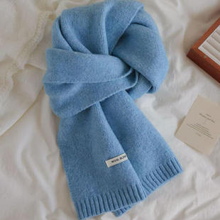 蓝色含羊毛围巾女秋冬季韩系氛围感保暖厚针织百搭格雷系灰色围脖