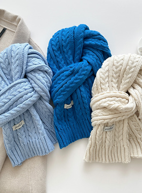 蓝色高级感纯色围巾女秋冬季韩系氛围感保暖厚针织百搭复古围脖男