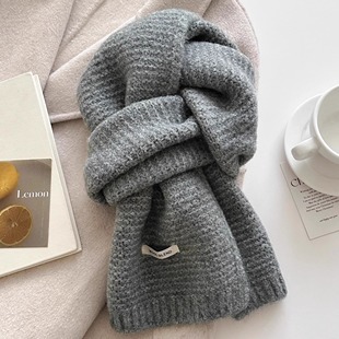 蓝色高级感含羊毛围巾女秋冬季韩系氛围感保暖厚针织百搭围脖男