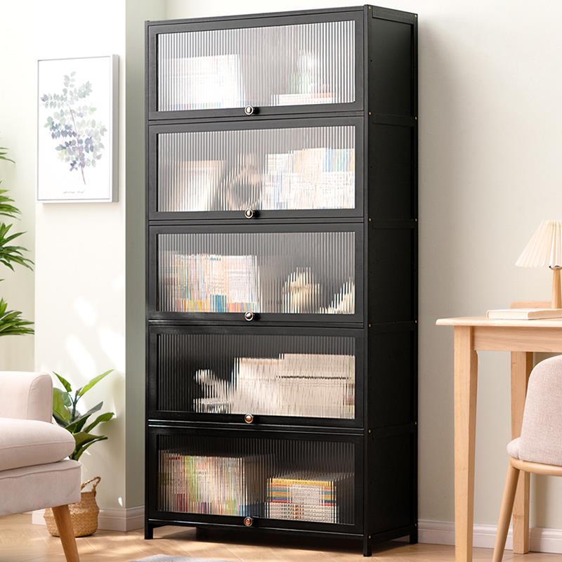 书柜现代简约带门防尘格子柜实木书架窄柜落地立柜置物储物柜之满