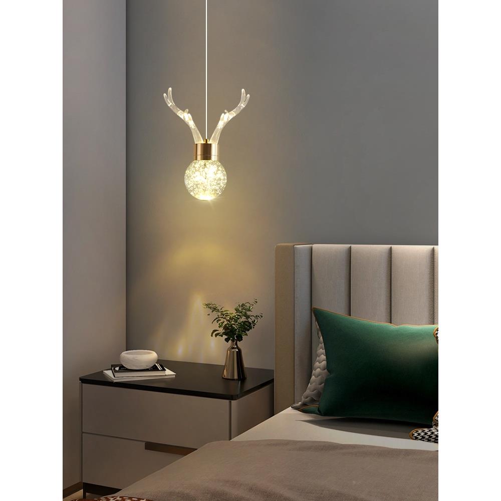 轻奢水晶小吊灯卧室床头现代简约创意个性北欧单头儿童房吊线灯具