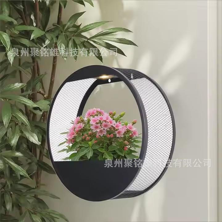 跨境太阳能盆栽壁挂灯 LED铁艺金属壁挂盆栽工艺品户外铁艺盆栽灯