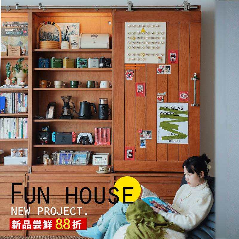 暖仓书柜 实木满墙组合展示樱桃木谷仓门柜高柜靠墙一体书架书柜