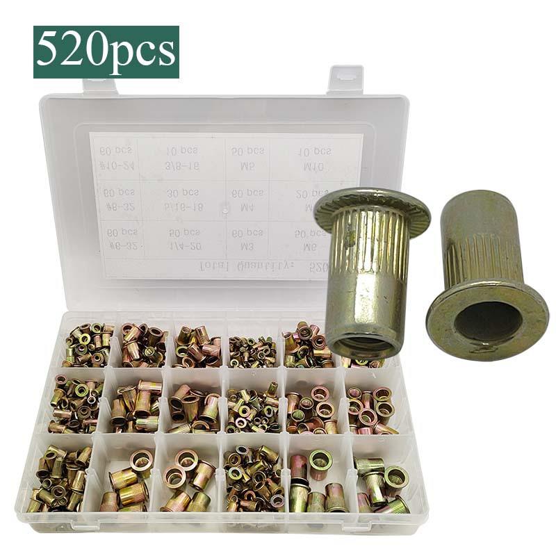 520pcs盒装 彩锌平头拉铆螺母英美制公制组合套装M3-M10组合#6-32