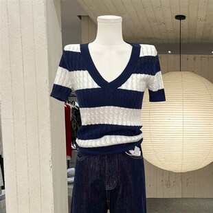 上衣女 麻花条纹撞色针织衫 十三行2025夏季 韩系温柔风V领套头短袖