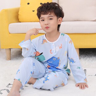 春夏季儿童绵绸睡衣套装男童女童夏天长袖棉绸中童小孩子宝宝薄款