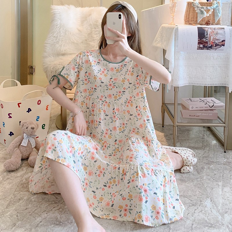 棉绸睡裙b女夏季印花长款过膝甜美睡衣裙夏天可外穿孕妇短袖家居