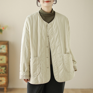 文艺范圆领轻薄棉衣棉服女冬季 宽松休X闲夹棉外套 2024年新款 大码