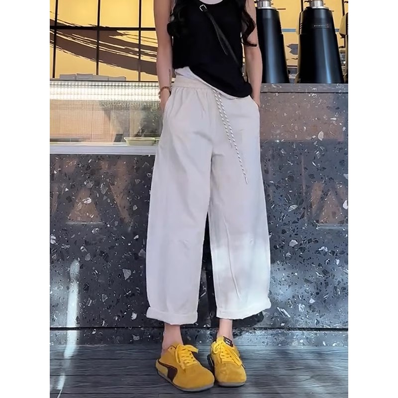 休闲百搭白色宽松阔腿裤女2025年夏季新款纯色高T腰薄款简约九分