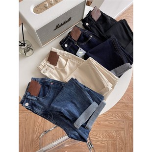 女秋 长裤 粗腿救星质感皮标洋派牛仔裤 高腰宽松弹力直筒老爹哈伦裤