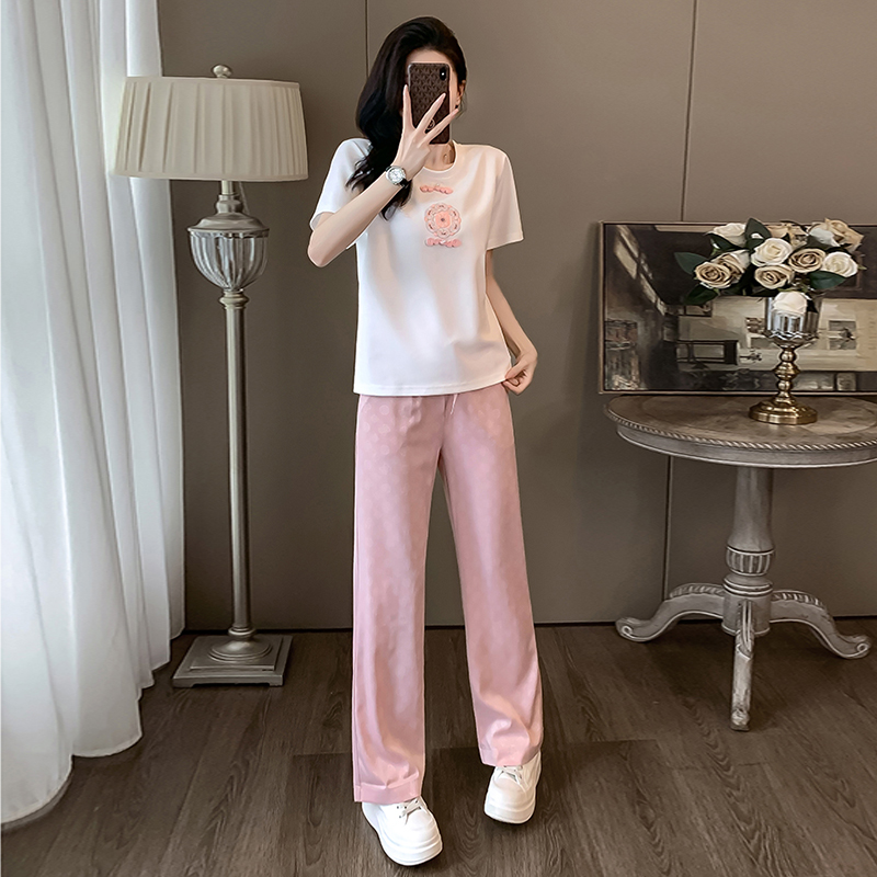 时尚运动休闲套装女夏季新款洋气B减龄短袖T恤上衣粉色长裤两件套