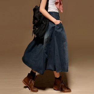 a字胖mm文艺复古女牛仔半身中长裙 百搭松紧宽松大摆 2022春季 新款