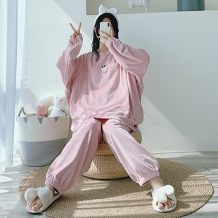 可爱胖mm200X斤加绒家居服 简约刺绣海岛绒睡衣女两件套秋冬加大码
