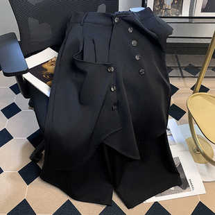 黑色小众纽扣拼接休闲裤子男女无性别裙裤不规则设计感九分小西裤