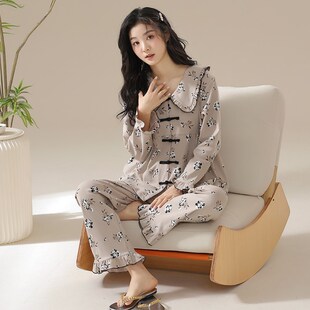 薄款 新中式 纯棉长袖 国风睡衣女款 夏天女士全棉Y家居服可外 春秋季