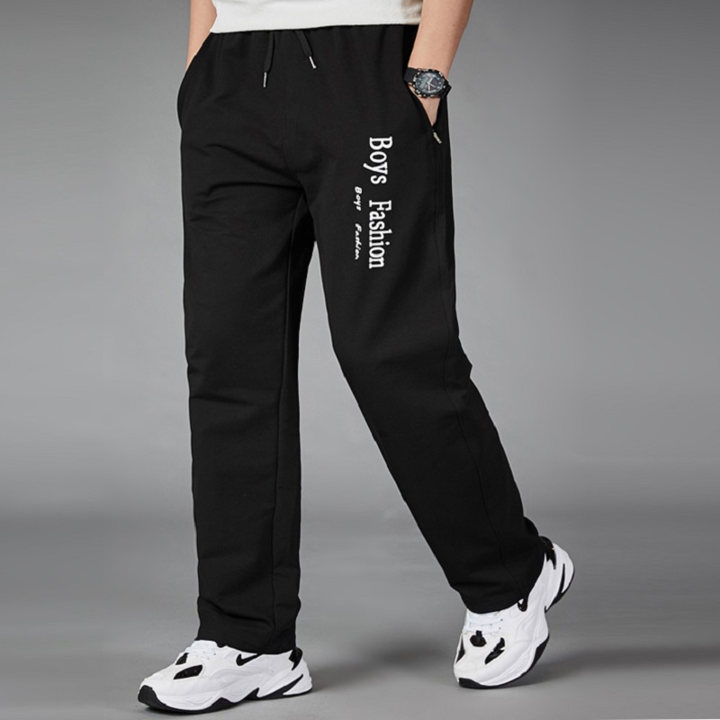 夏季薄款运动裤男宽松直筒百搭青年休闲裤子男士大码胖子黑色男裤