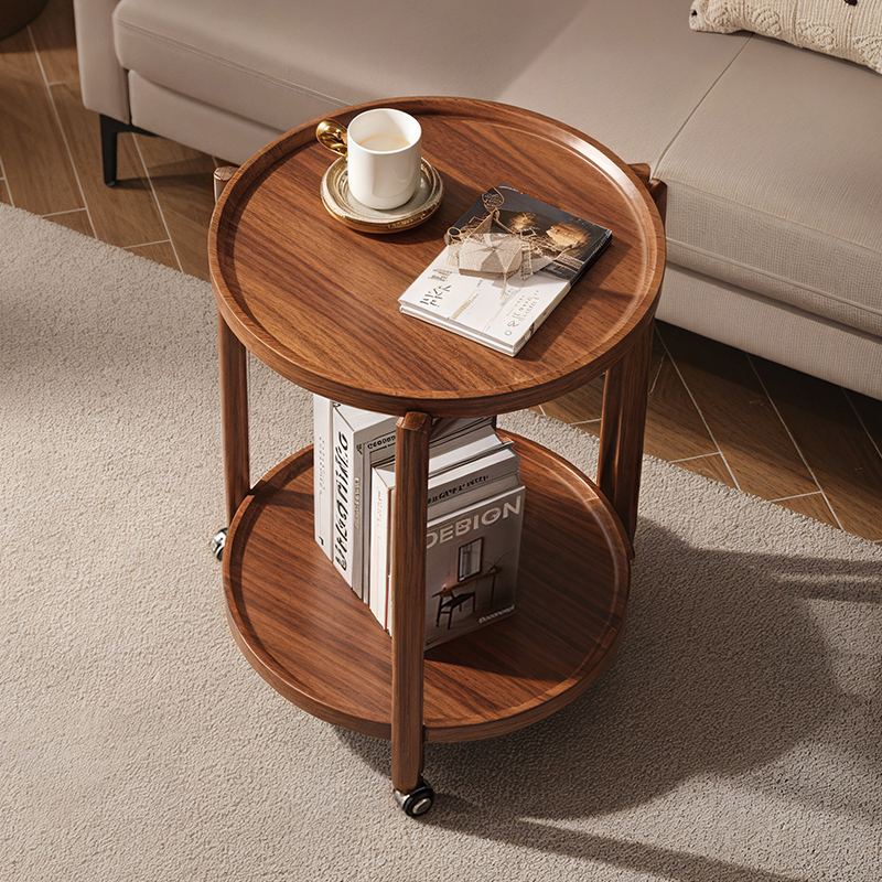 可移动茶几现代家用圆形双层滑轮边几角几胡桃木色沙发轻奢小边几