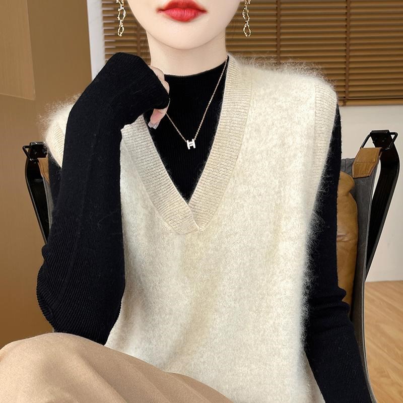 100%纯山羊绒马甲女V领无袖拉绒毛衣背心宽松羊毛衫叠穿坎肩上衣