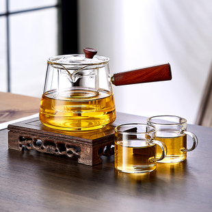侧把茶壶玻璃煮茶器黑晶炉耐高z温泡茶壶木把单壶过滤功夫茶具套