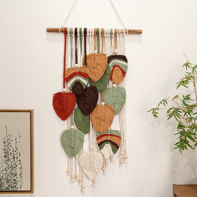 彩色树叶编织挂毯手工叶子流苏挂件北欧风民宿家居房间壁挂背景墙