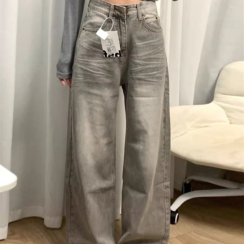 美式复古灰色阔腿牛仔裤大码女2024夏季新款高腰宽松显瘦直筒裤子