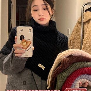 开叉高领披肩女秋冬t季 时尚 黑色套头脖套针织围巾防寒保暖外搭围