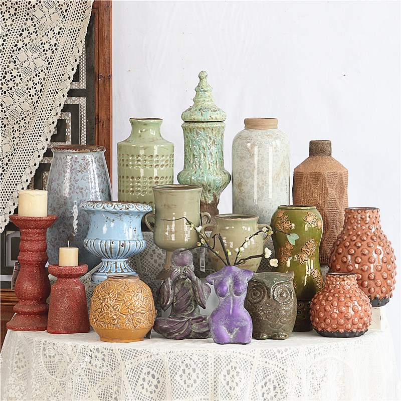 孤品-美式复古怀旧陶瓷花盆民宿样板间客厅玄关桌面装饰花瓶摆件