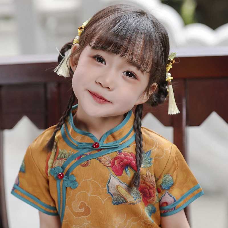 儿童旗袍经典款女童老式古风童装夏季改良款汉服女孩中长款裙子