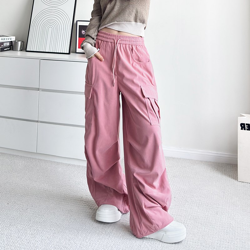 大口袋工装裤女冬季胖mm宽松显瘦休闲裤大码高腰抽绳直筒阔腿长裤