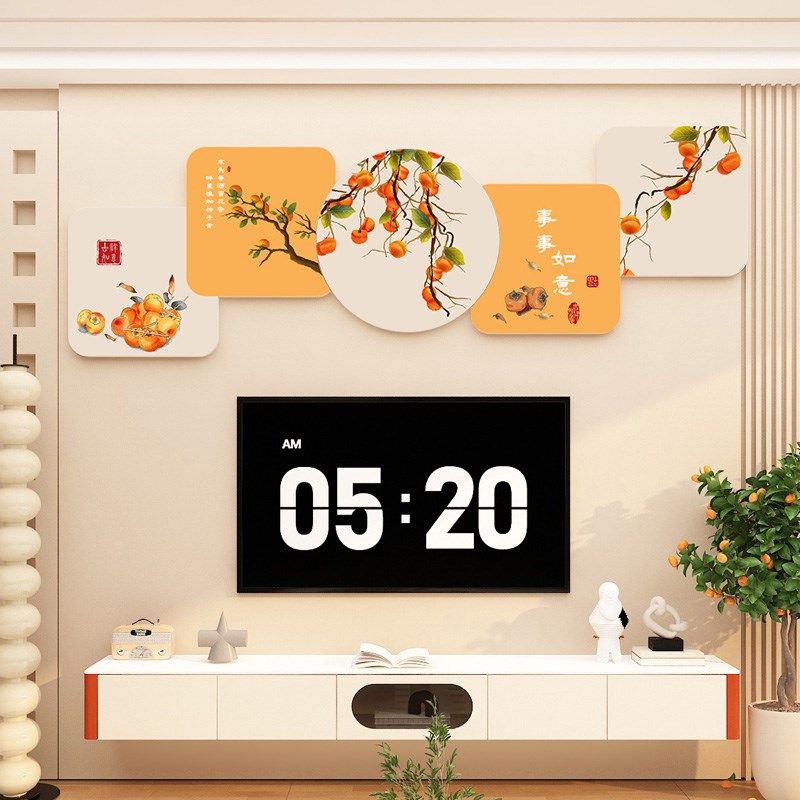 新中式电视机背景墙面装饰品挂件2023新款上方自粘贴纸客厅玄关画