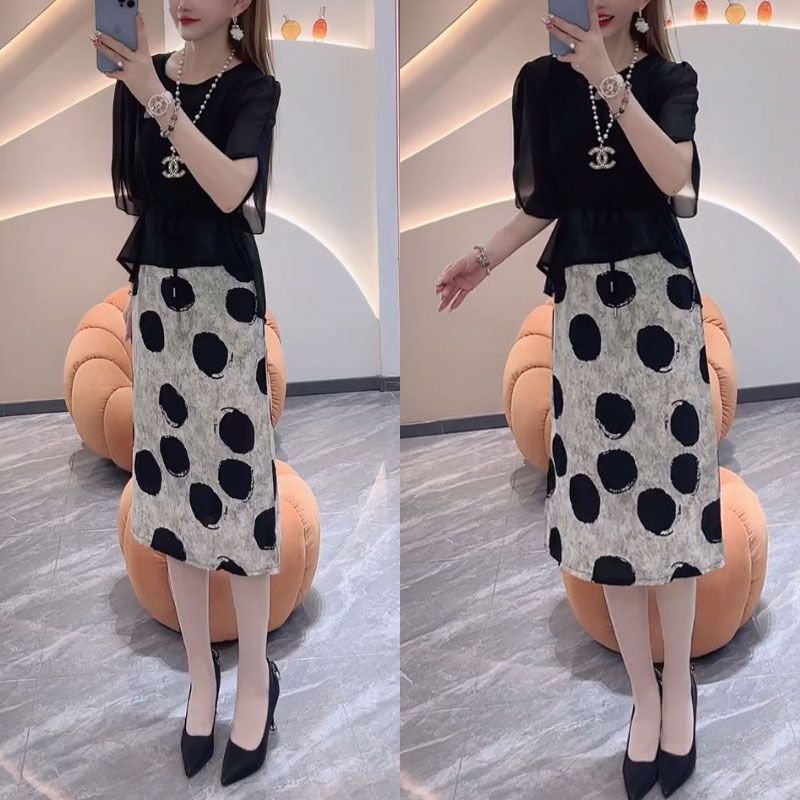 时尚显瘦收腰中长款连衣裙女2025年夏季新款上衣印花裙子两件套潮