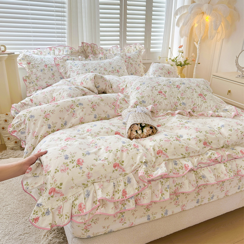 田园小碎花A类全棉夹棉床笠款四件套床上100纯棉花边被套四季通用