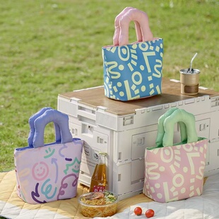 涂鸦轻奢高档便当包棉花手提饭盒包白领午餐包保温包冷冰包带饭包