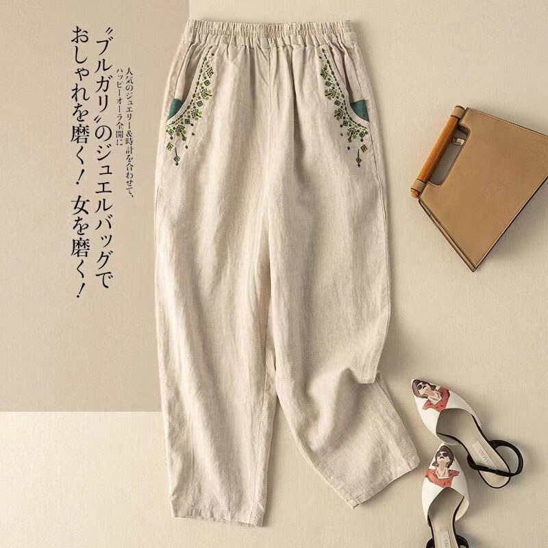 棉麻刺绣时尚休闲裤子女2025新款夏季薄款中年妈妈苎W麻九分阔腿