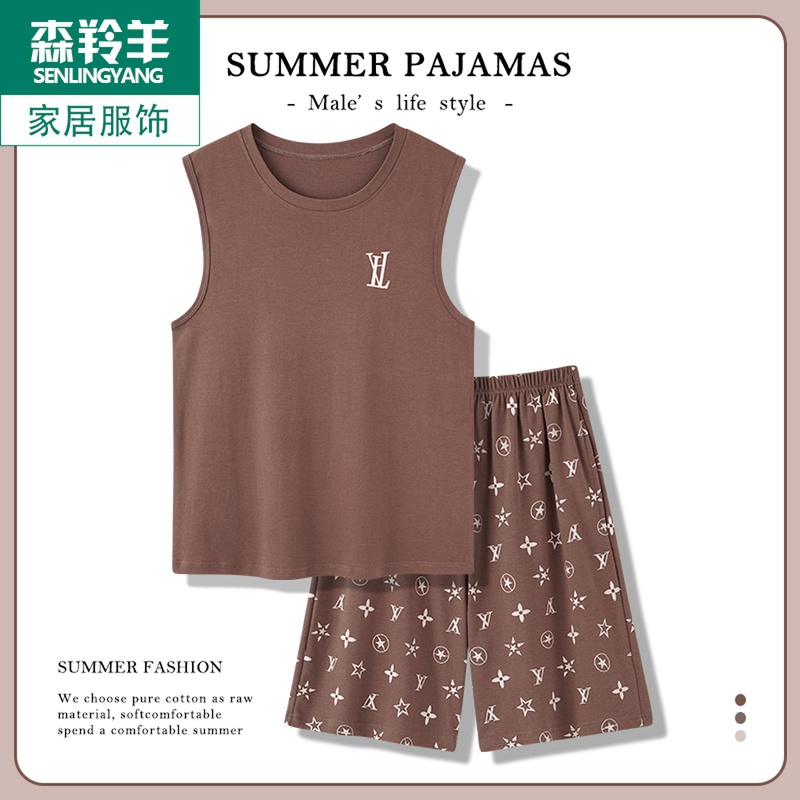 睡衣男士夏季纯棉薄款背心短裤休闲无袖夏天男款家居X服套装可外