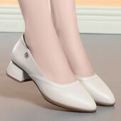 女中跟旗袍走秀鞋 软底舒适真皮粗跟单鞋 中年妈妈鞋 白色皮鞋 跳舞鞋