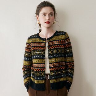 毛衣圆领宽松开衫 蒙亿25秋冬新款 女士开衫 羊绒衫 批 费尔岛复古风格