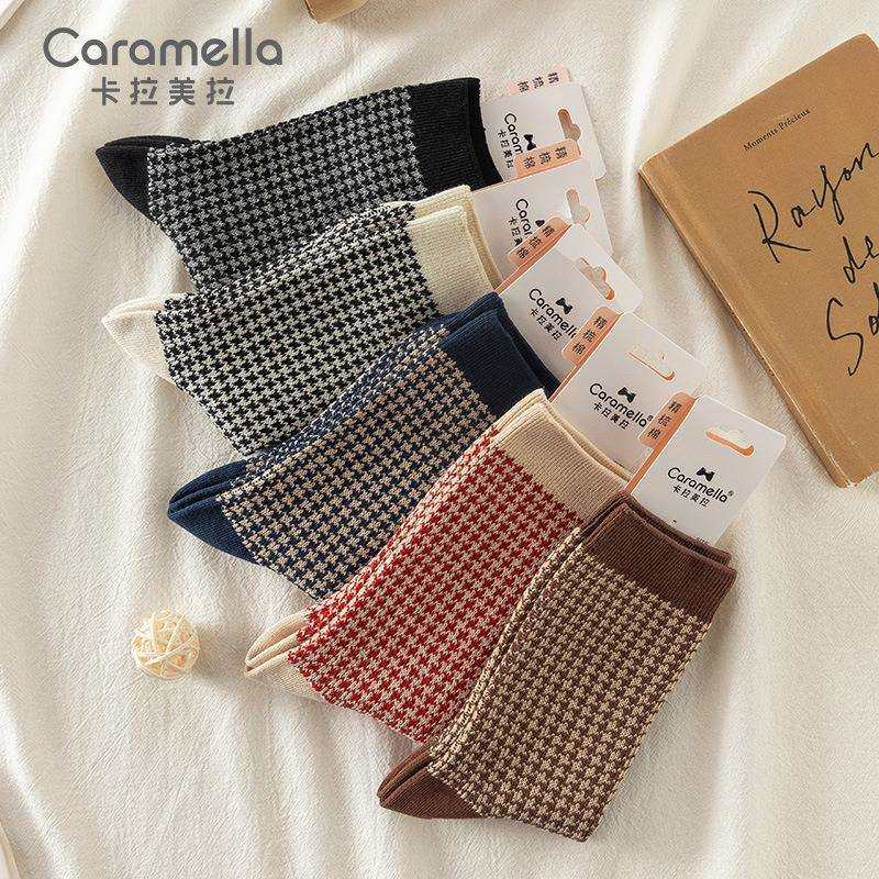 caramella袜子女士秋冬新款中筒棉袜双针格子刺绣女袜10双装