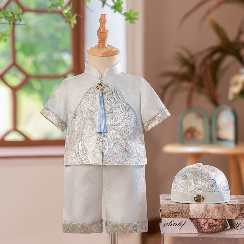 男宝一周岁礼服夏季m抓周中式宝宝生日宴百天男童中国风唐装薄款