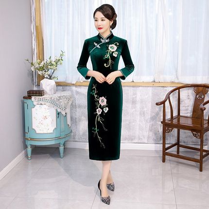 旗袍女中国d风大码加绒加厚长袖改良复古妈妈装冬季保暖气质婚宴