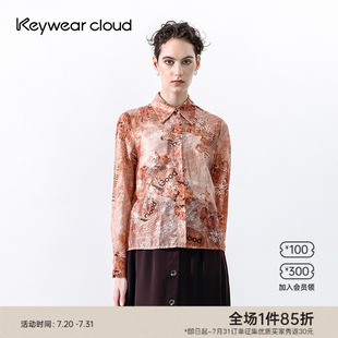 Keywearcloud奇威夏季 polo领薄款 衬衣女随性艺术感长袖 印花衬衫