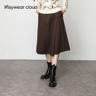 Keywearcloud奇威秋季 褐色极简风分割百搭羊毛半身裙