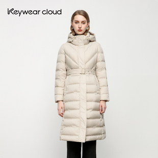 Keywearcloud奇威收腰显瘦羽绒服女中长款连帽米白色保暖冬装外套