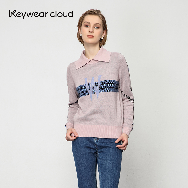 Keywearcloud奇威polo领拼色上衣时尚印花毛衣针织衫