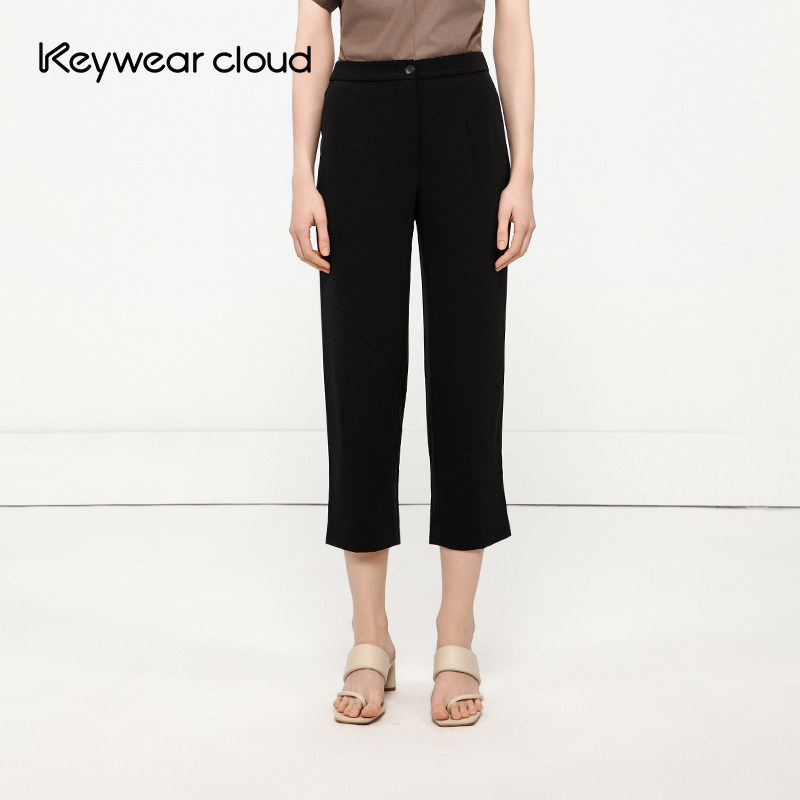 Keywearcloud奇威高腰七分西装裤女垂感直筒黑色显瘦休闲烟管裤